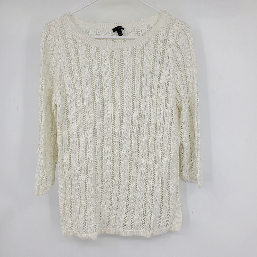 Talbots‎ White 3/4 Sleeve Crochet Boho Beachy Pullover Knit Sweater Med Coastal